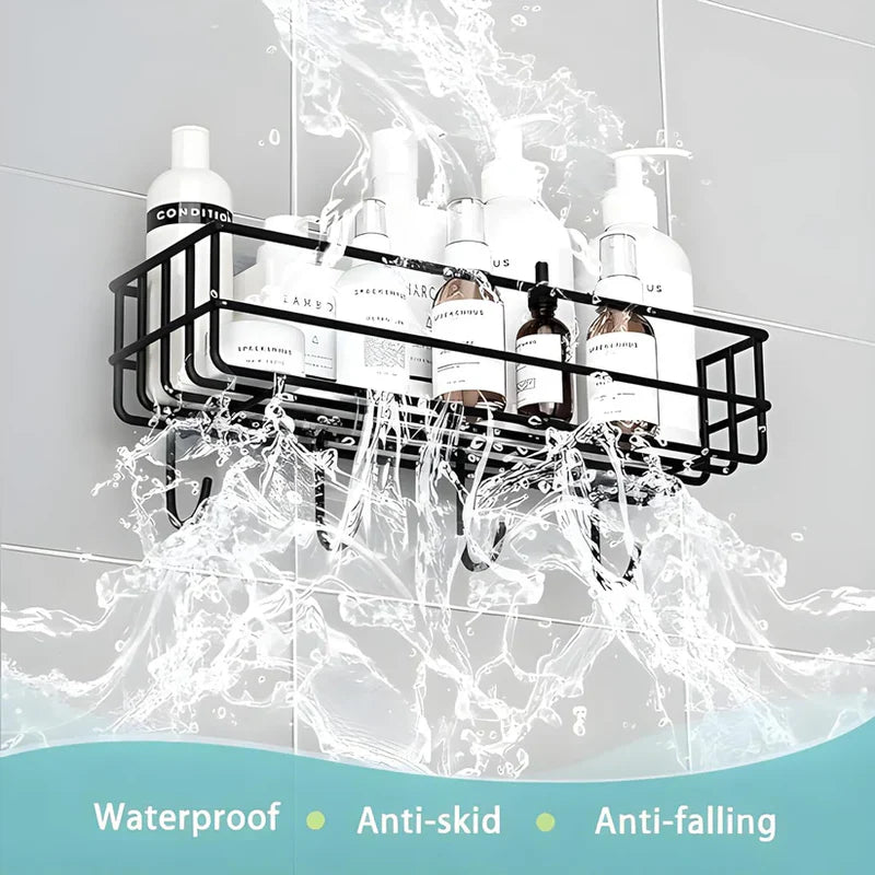 Stainless Steel Bathroom Shelf for Wall, Self Adhesive Bathroom Organiser, 4 Hooks for Towel Holder